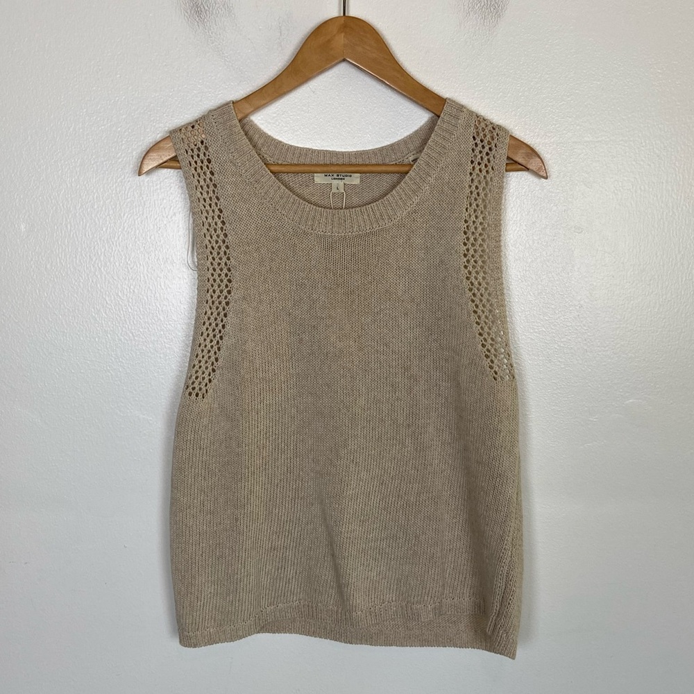 Max Studio Linen Lyocell Blend Crochet Vest Sweater Top Size L Cream Sleeveless